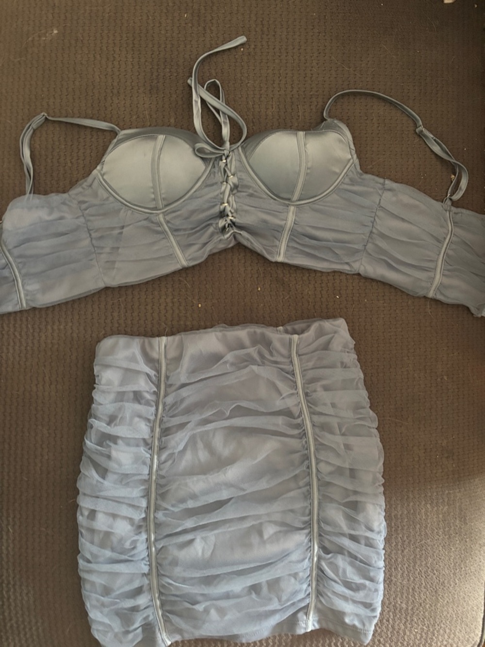Light Gray Ruched Two-Piece Set - Bustier Top & Mini Skirt